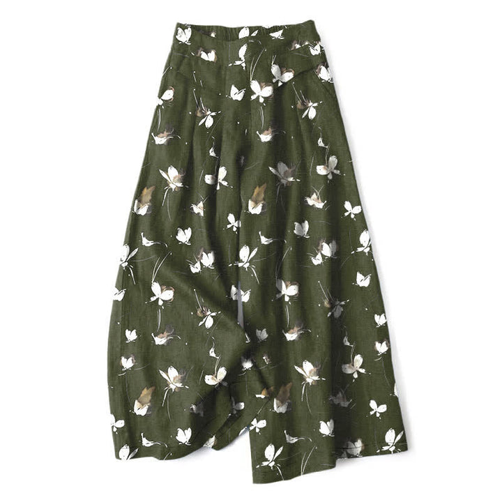 Buddha Stones Cotton Linen Vintage Floral White Butterfly Pattern Women's Elastic Waist Wide Leg Pants With Pockets - DarkOliveGreen - US16，UK/AU20，EU48 (3XL) - image 4