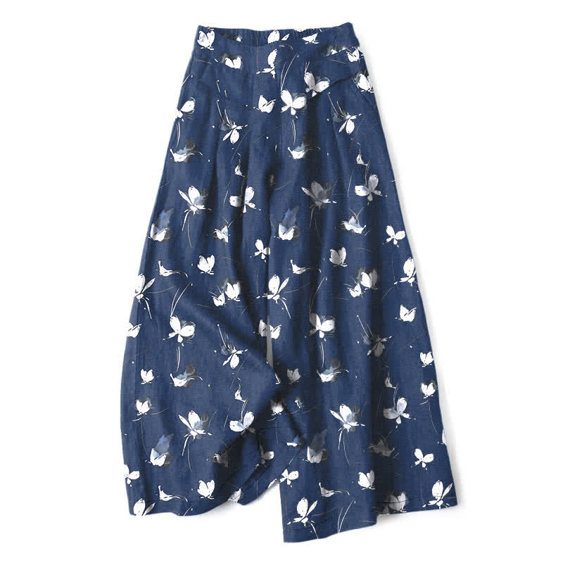Buddha Stones Cotton Linen Vintage Floral White Butterfly Pattern Women's Elastic Waist Wide Leg Pants With Pockets - MidnightBlue - US16，UK/AU20，EU48 (3XL) - image 6