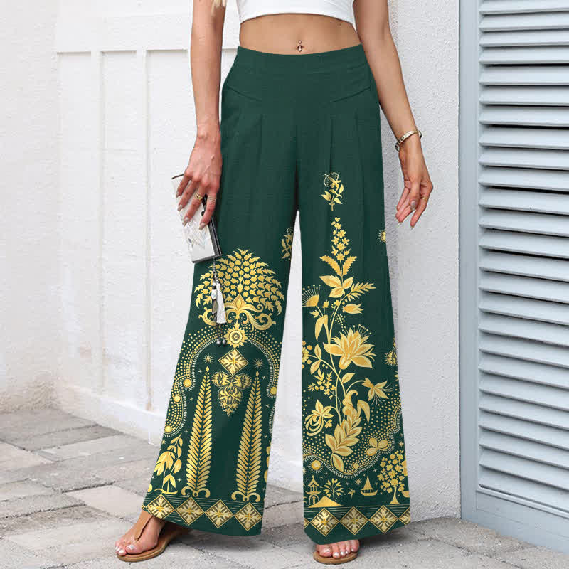 Buddha Stones Cotton Linen Bohemian Golden Floral Pattern Women's Elastic Waist Wide Leg Pants With Pockets - image 1