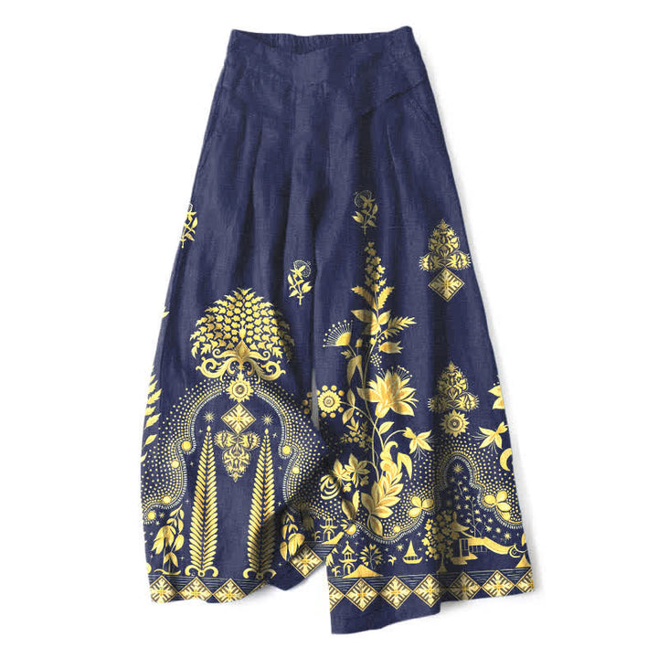Buddha Stones Cotton Linen Bohemian Golden Floral Pattern Women's Elastic Waist Wide Leg Pants With Pockets - Navy - US16，UK/AU20，EU48 (3XL) - image 6