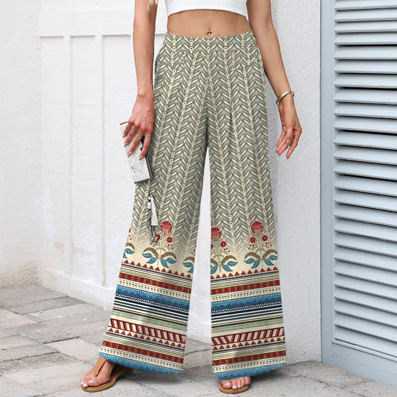 Buddha Stones Cotton Linen Bohemian Geometric Zigzag Pattern Women's Elastic Waist Wide Leg Pants With Pockets - image 1