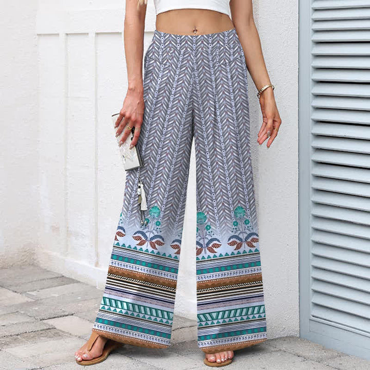 Buddha Stones Cotton Linen Bohemian Geometric Zigzag Pattern Women's Elastic Waist Wide Leg Pants With Pockets - image 5