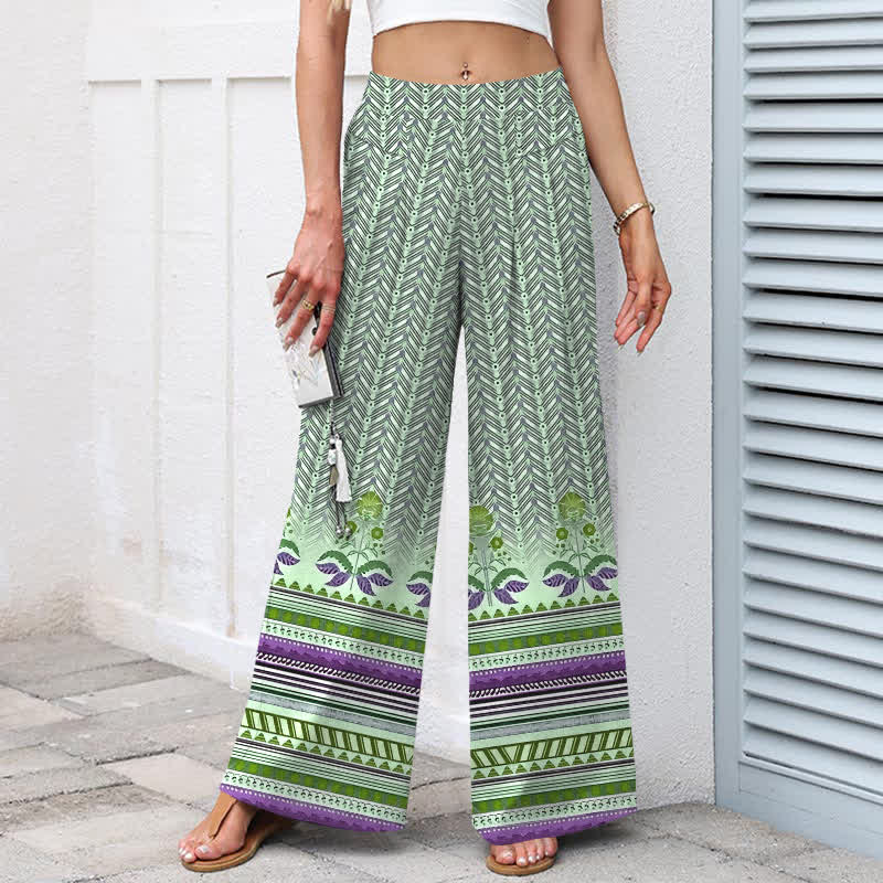 Buddha Stones Cotton Linen Bohemian Geometric Zigzag Pattern Women's Elastic Waist Wide Leg Pants With Pockets - image 7