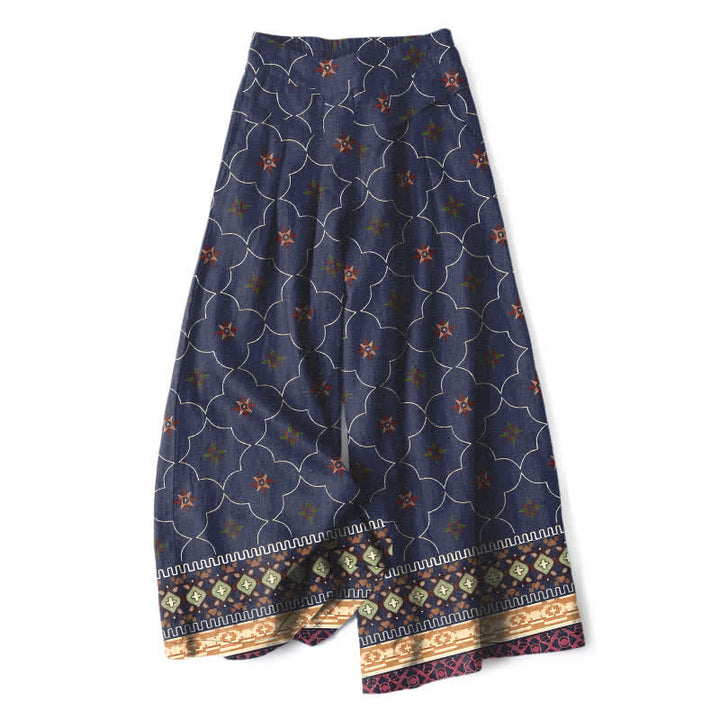 Buddha Stones Cotton Linen Bohemian Geometric Floral Lines Pattern Women's Elastic Waist Wide Leg Pants With Pockets - MidnightBlue - US16，UK/AU20，EU48 (3XL) - image 0