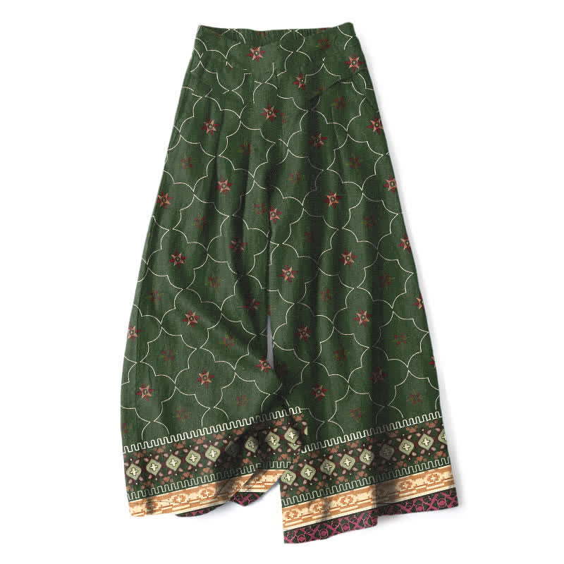 Buddha Stones Cotton Linen Bohemian Geometric Floral Lines Pattern Women's Elastic Waist Wide Leg Pants With Pockets - DarkOliveGreen - US16，UK/AU20，EU48 (3XL) - image 6