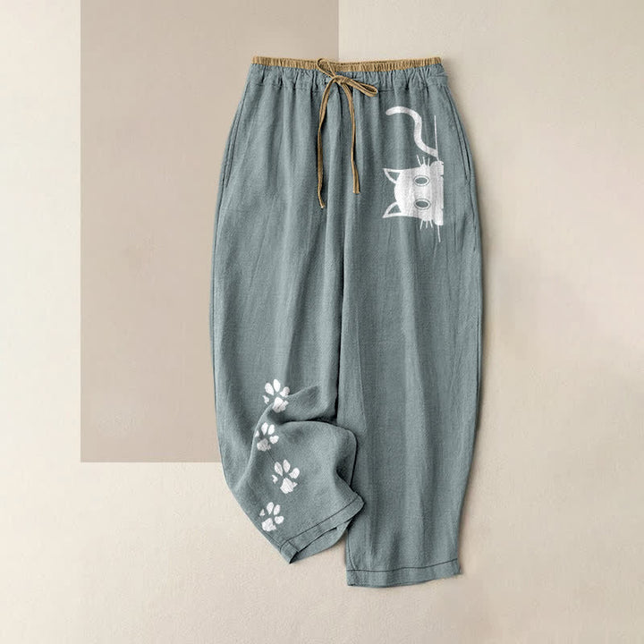 Buddha Stones Pure Cotton Cute Cat Paw Print Pattern Women's Elastic Waist Pants With Pockets - LightBlue - US16，UK/AU20，EU48 (3XL) - image 4