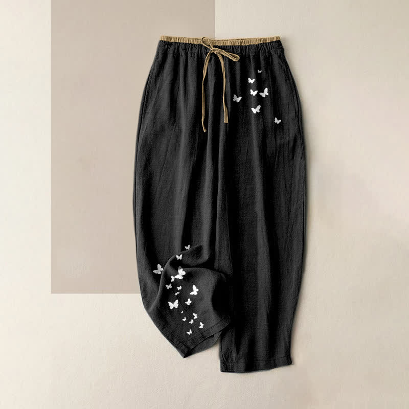 Buddha Stones Pure Cotton White Butterfly Pattern Women's Elastic Waist Pants With Pockets - Black - US16，UK/AU20，EU48 (3XL) - image 4