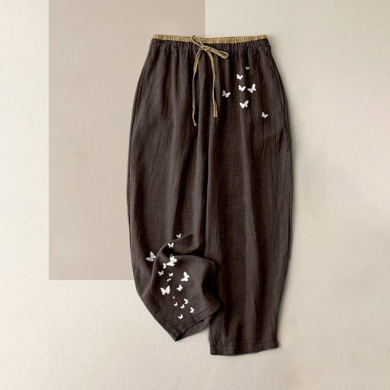 Buddha Stones Pure Cotton White Butterfly Pattern Women's Elastic Waist Pants With Pockets - SaddleBrown - US16，UK/AU20，EU48 (3XL) - image 8