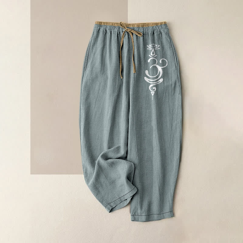 Buddha Stones Pure Cotton Sacred Om Lotus Pattern Women's Elastic Waist Pants With Pockets - LightBlue - US16，UK/AU20，EU48 (3XL) - image 8