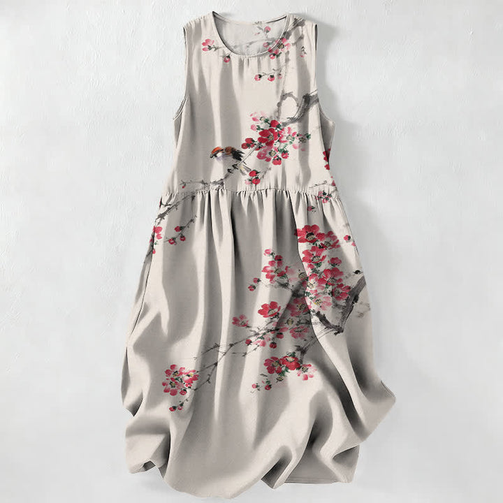 Buddha Stones Summer Casual Pink Blossom Branches Pattern Women's Summer Sleeveless Midi Dress With Pockets - Beige - US16，UK/AU20，EU48 (3XL) - image 0
