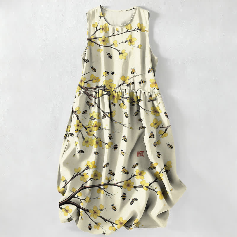 Buddha Stones Summer Casual Yellow Floral Branch Pattern Women's Summer Sleeveless Midi Dress With Pockets - Beige - US16，UK/AU20，EU48 (3XL) - image 0