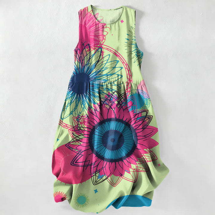 Buddha Stones Summer Casual Radiant Big Sunflowers Floral Burst Pattern Women's Summer Sleeveless Midi Dress With Pockets - PaleGreen - US16，UK/AU20，EU48 (3XL) - image 5