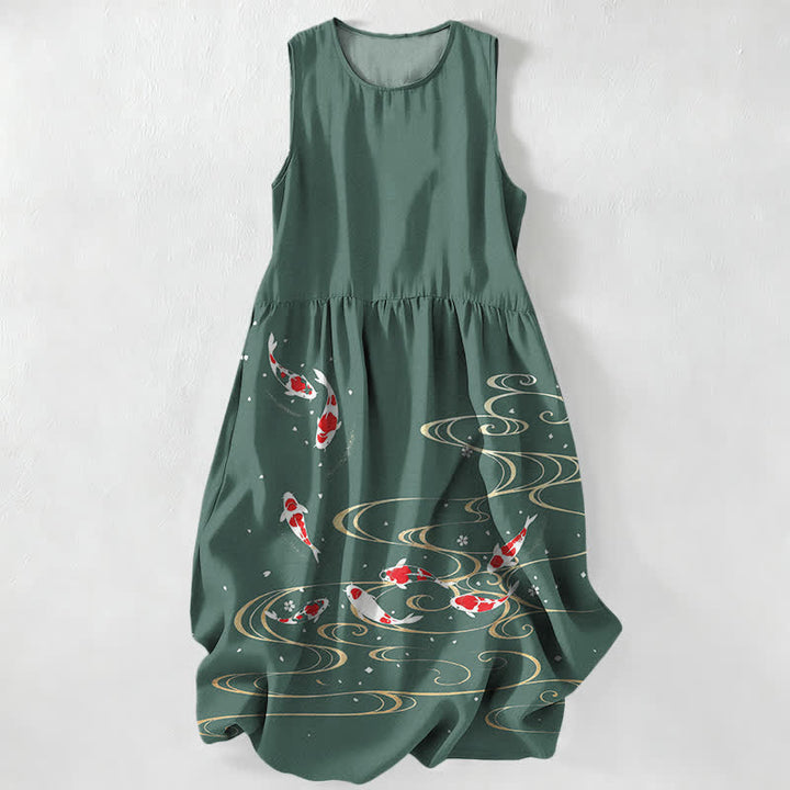 Buddha Stones Summer Casual Koi Fish Ripple Pattern Women's Summer Sleeveless Midi Dress With Pockets - SeaGreen - US16，UK/AU20，EU48 (3XL) - image 4