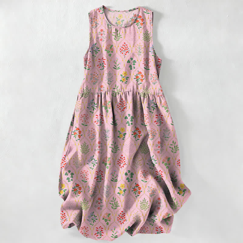 Buddha Stones Summer Casual Various Colorful Floral Vine Pattern Women's Summer Sleeveless Midi Dress With Pockets - LightPink - US16，UK/AU20，EU48 (3XL) - image 4