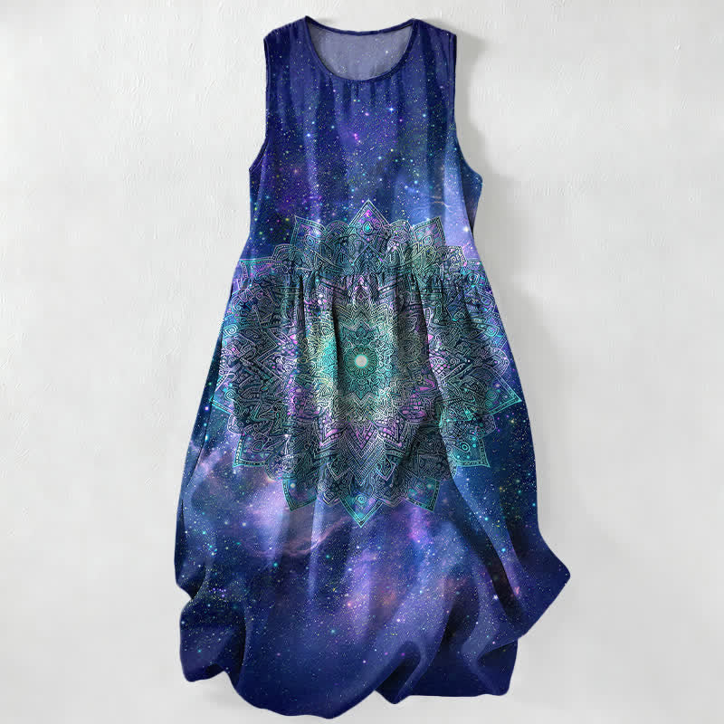 Buddha Stones Summer Casual Cosmic Mandala Galaxy Pattern Women's Summer Sleeveless Midi Dress With Pockets - MidnightBlue - US16，UK/AU20，EU48 (3XL) - image 5