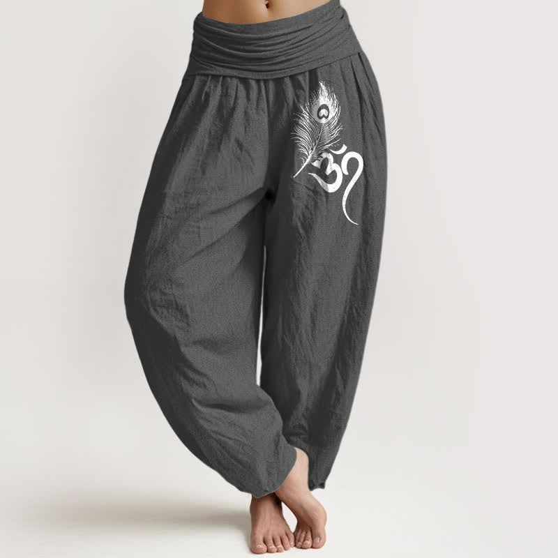 Buddha Stones Pure Cotton Om Feather Pattern Women's Elastic Waist Harem Pants - DimGray - US16，UK/AU20，EU48 (3XL) - image 8