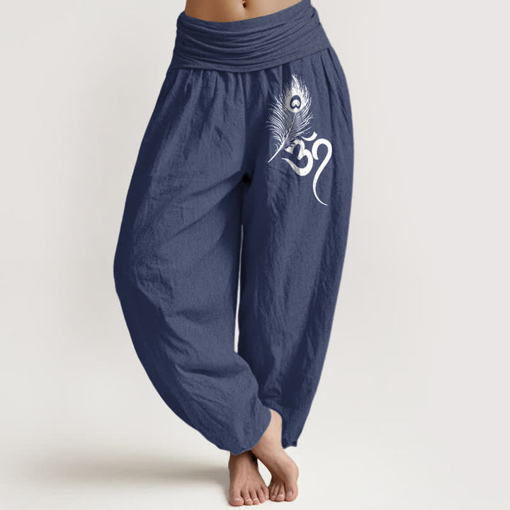 Buddha Stones Pure Cotton Om Feather Pattern Women's Elastic Waist Harem Pants - DarkSlateBlue - US16，UK/AU20，EU48 (3XL) - image 0