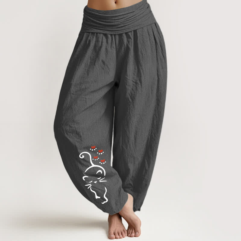 Buddha Stones Pure Cotton Cat Line Cartoon Pattern Women's Elastic Waist Harem Pants - DimGray - US16，UK/AU20，EU48 (3XL) - image 8
