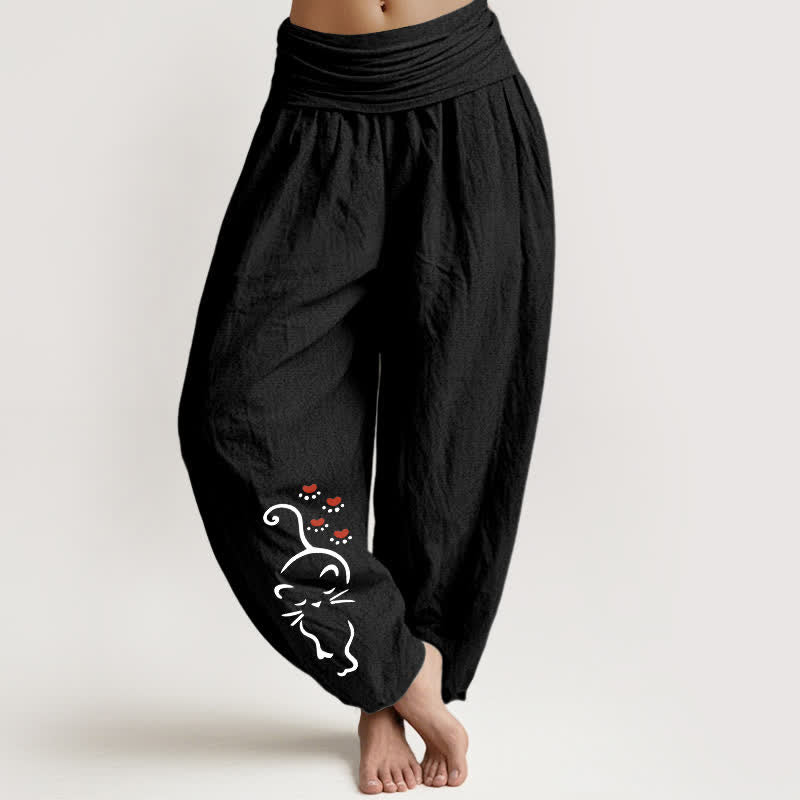 Buddha Stones Pure Cotton Cat Line Cartoon Pattern Women's Elastic Waist Harem Pants - Black - US16，UK/AU20，EU48 (3XL) - image 5