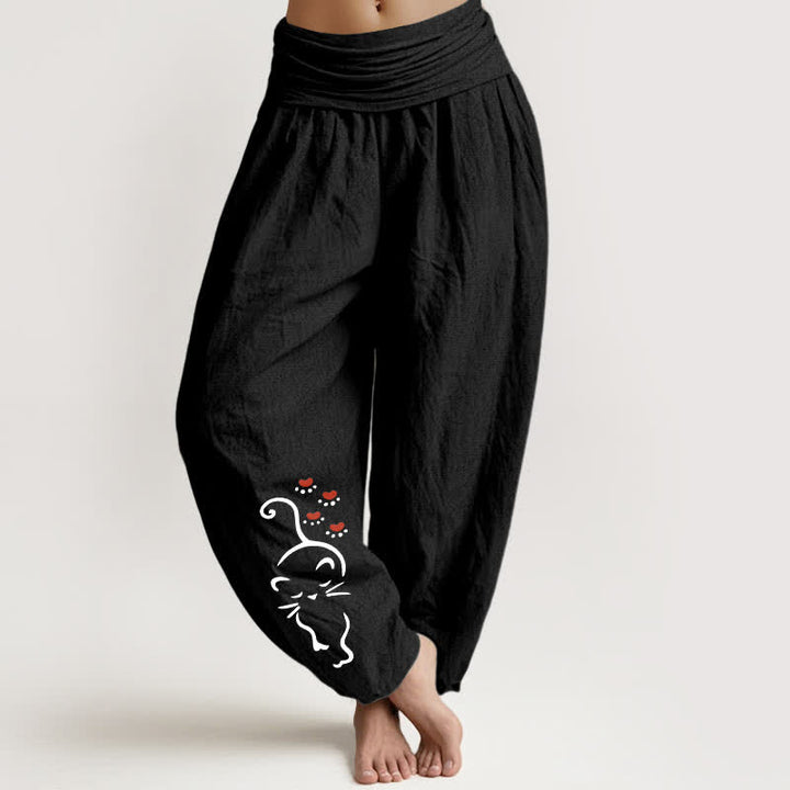 Buddha Stones Pure Cotton Cat Line Cartoon Pattern Women's Elastic Waist Harem Pants - Black - US16，UK/AU20，EU48 (3XL) - image 5