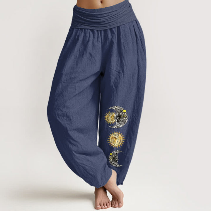 Buddha Stones Pure Cotton Sun and Moon Pattern Women's Elastic Waist Harem Pants - DarkSlateBlue - US16，UK/AU20，EU48 (3XL) - image 5