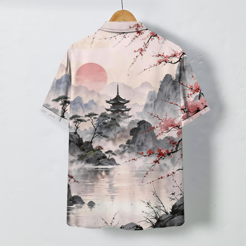 Buddha Stones Ink Landscape Pavilion Blossom Pattern Buttons Breathable Men's Short Sleeve Shirt - image 1