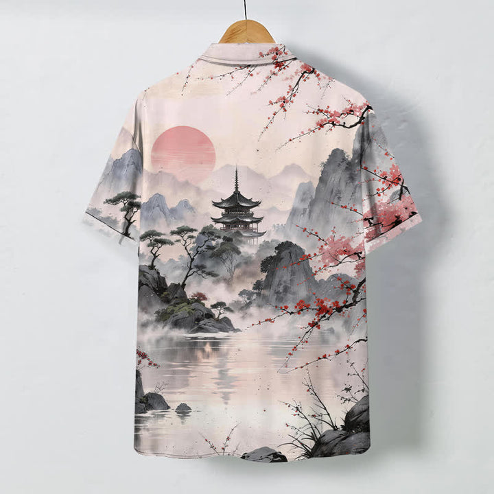 Buddha Stones Ink Landscape Pavilion Blossom Pattern Buttons Breathable Men's Short Sleeve Shirt - image 1