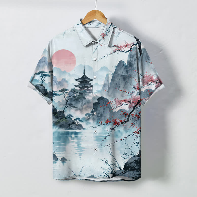 Buddha Stones Ink Landscape Pavilion Blossom Pattern Buttons Breathable Men's Short Sleeve Shirt - LightBlue - US/UK/AU48，EU58 (4XL) - image 5
