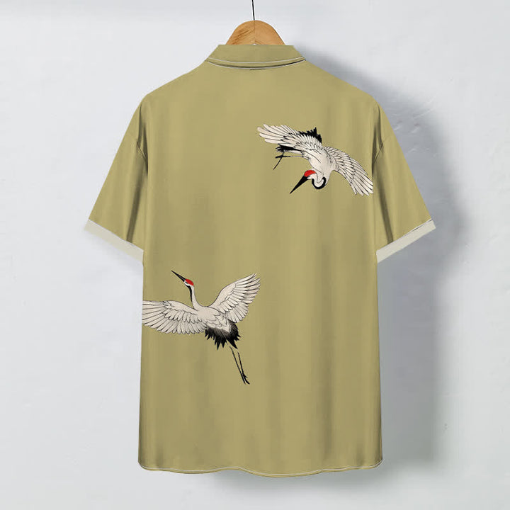 Buddha Stones Soaring White Crane Pattern Buttons Breathable Men's Short Sleeve Shirt - image 4