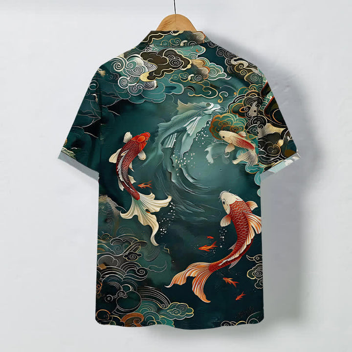 Buddha Stones Vintage Koi Fish Wave Cloud Pattern Buttons Breathable Men's Short Sleeve Shirt - image 1