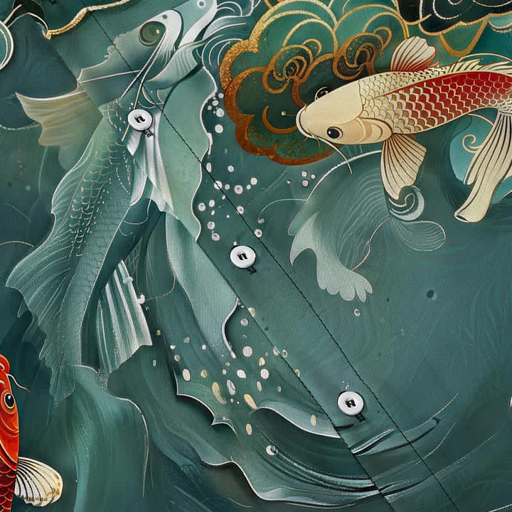 Buddha Stones Vintage Koi Fish Wave Cloud Pattern Buttons Breathable Men's Short Sleeve Shirt - image 3