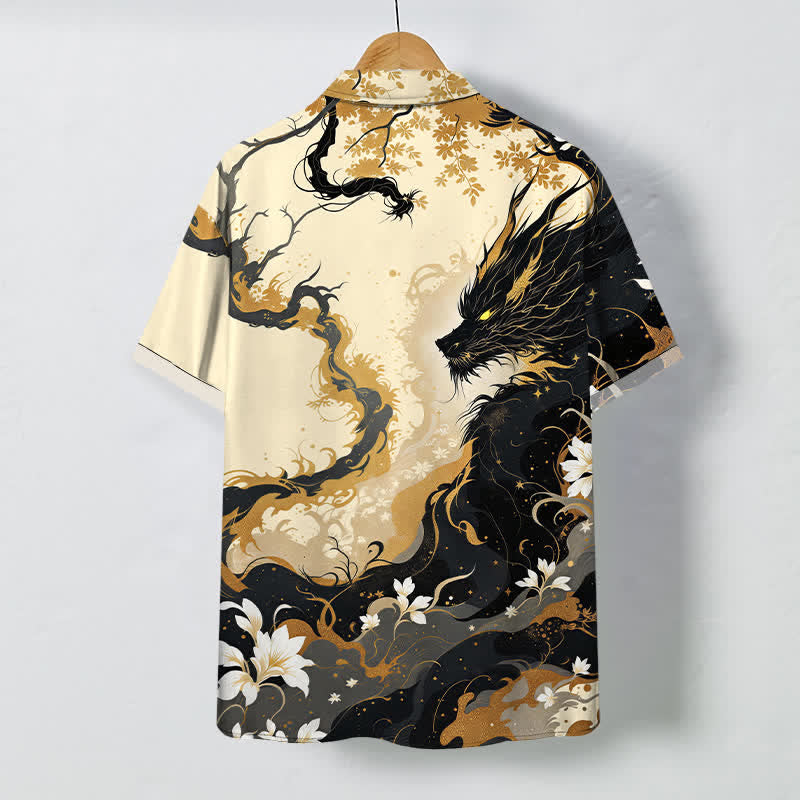 Buddha Stones Golden Dragon Cloud Floral Pattern Buttons Breathable Men's Short Sleeve Shirt - image 1