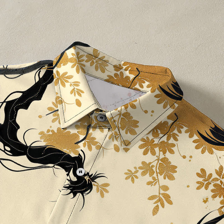 Buddha Stones Golden Dragon Cloud Floral Pattern Buttons Breathable Men's Short Sleeve Shirt - image 2