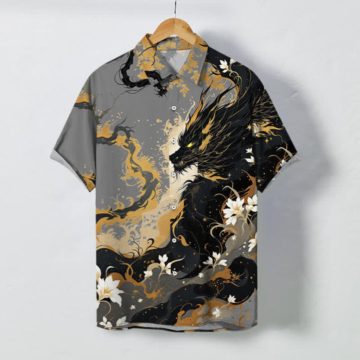 Buddha Stones Golden Dragon Cloud Floral Pattern Buttons Breathable Men's Short Sleeve Shirt - DimGray - US/UK/AU48，EU58 (4XL) - image 5