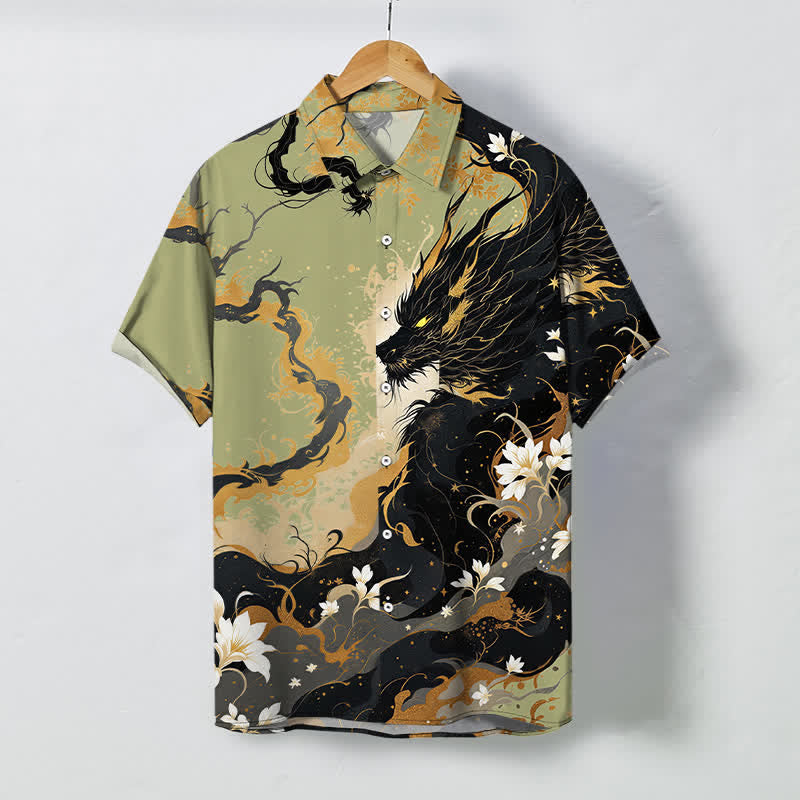 Buddha Stones Golden Dragon Cloud Floral Pattern Buttons Breathable Men's Short Sleeve Shirt - YellowGreen - US/UK/AU48，EU58 (4XL) - image 7