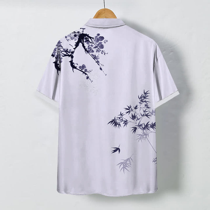 Buddha Stones Ink Bamboo Leaf Tree Branches Pattern Buttons Breathable Men's Short Sleeve Shirt - image 4