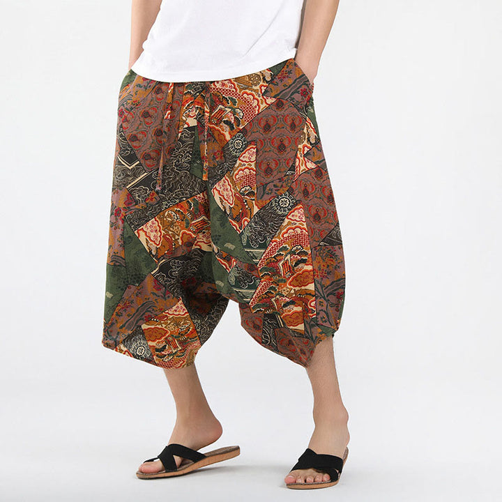 Buddha Stones Summer Boho Casual Drawstring Abstract Geometry Capri Pants Men's Harem Pants With Pocket - Peru - US/UK/AU46，EU56 (5XL) - image 0