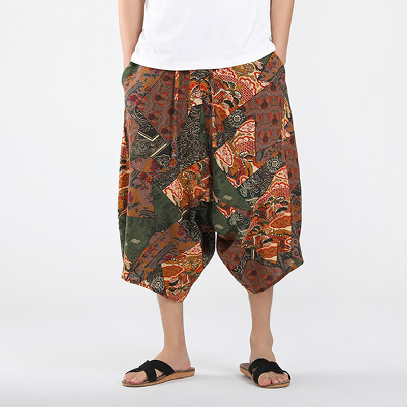 Buddha Stones Summer Boho Casual Drawstring Abstract Geometry Capri Pants Men's Harem Pants With Pocket - image 1
