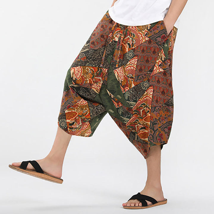 Buddha Stones Summer Boho Casual Drawstring Abstract Geometry Capri Pants Men's Harem Pants With Pocket - image 5