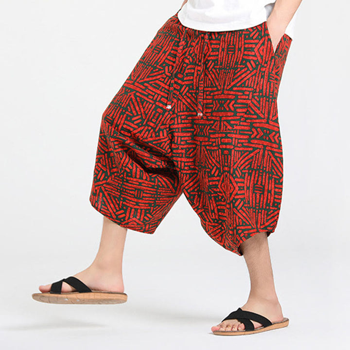 Buddha Stones Summer Boho Casual Drawstring Abstract Geometry Capri Pants Men's Harem Pants With Pocket - image 23