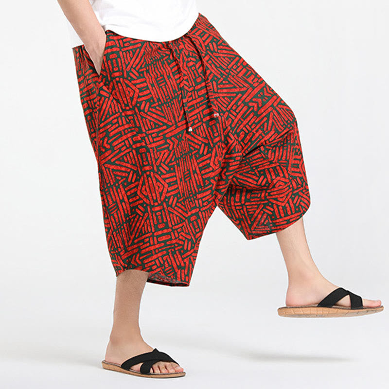 Buddha Stones Summer Boho Casual Drawstring Abstract Geometry Capri Pants Men's Harem Pants With Pocket - image 22
