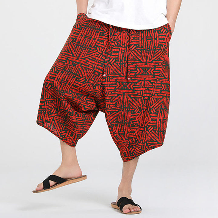 Buddha Stones Summer Boho Casual Drawstring Abstract Geometry Capri Pants Men's Harem Pants With Pocket - image 21