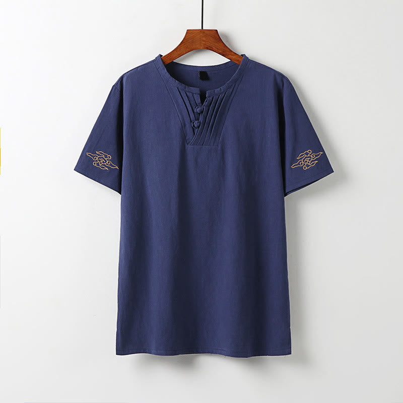 Buddha Stones Summer Tang Style Frog Button Auspicious Clouds Embroidery Solid Men's Short Sleeve Shirts - DarkSlateBlue - US/UK/AU54, EU64 (9XL) - image 11