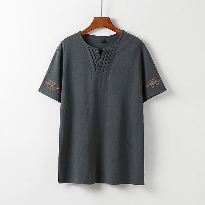 Buddha Stones Summer Tang Style Frog Button Auspicious Clouds Embroidery Solid Men's Short Sleeve Shirts - DimGray - US/UK/AU54, EU64 (9XL) - image 1