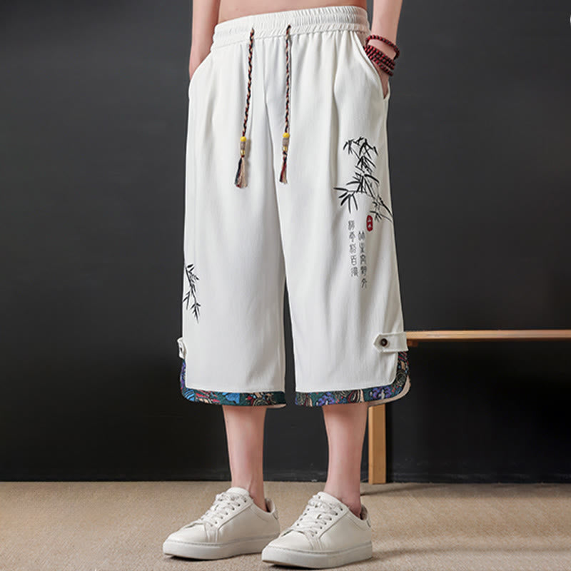 Buddha Stones Summer Tang Style Casual Drawstring Bamboo Print Half Pants Men's Straight Leg Pants With Pocket - image 16