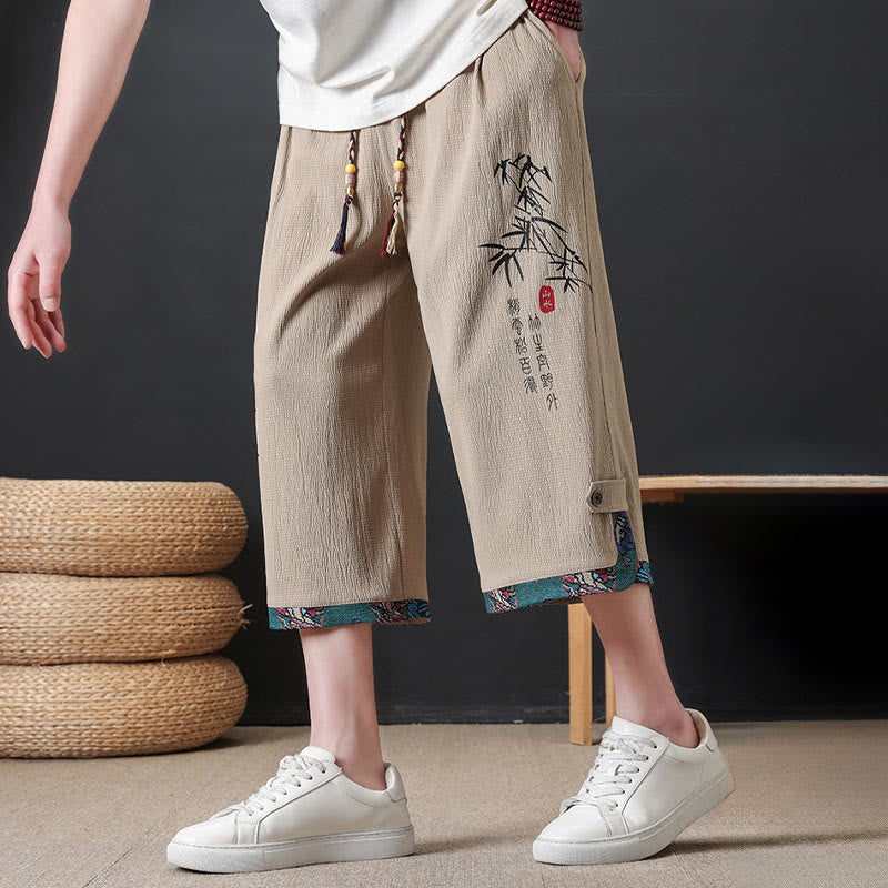 Buddha Stones Summer Tang Style Casual Drawstring Bamboo Print Half Pants Men's Straight Leg Pants With Pocket - image 13