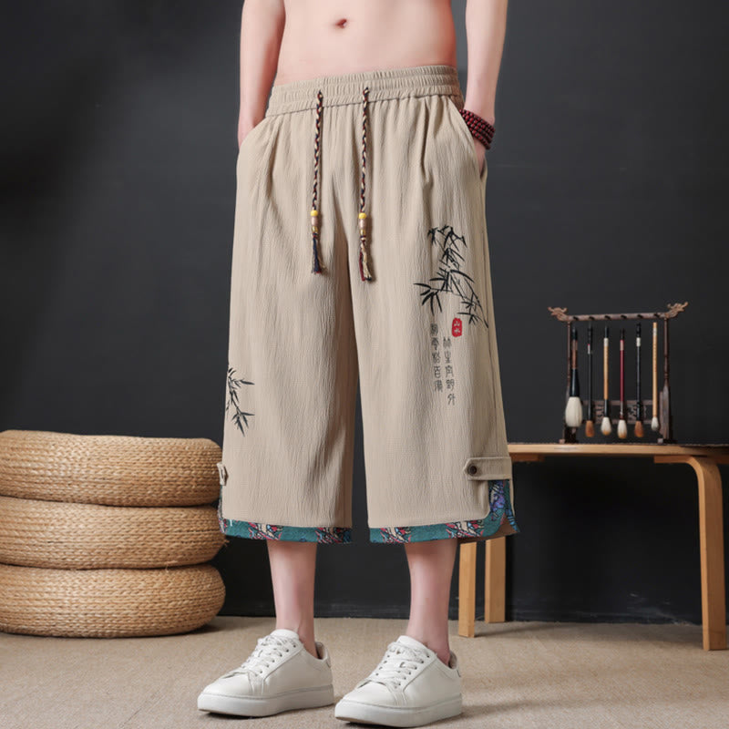 Buddha Stones Summer Tang Style Casual Drawstring Bamboo Print Half Pants Men's Straight Leg Pants With Pocket - image 12
