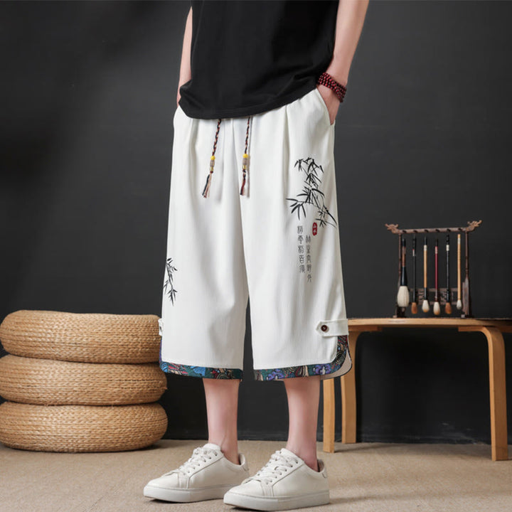 Buddha Stones Summer Tang Style Casual Drawstring Bamboo Print Half Pants Men's Straight Leg Pants With Pocket - White - US/UK/AU46, EU56 (4XL) - image 14