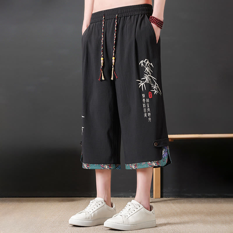 Buddha Stones Summer Tang Style Casual Drawstring Bamboo Print Half Pants Men's Straight Leg Pants With Pocket - image 2