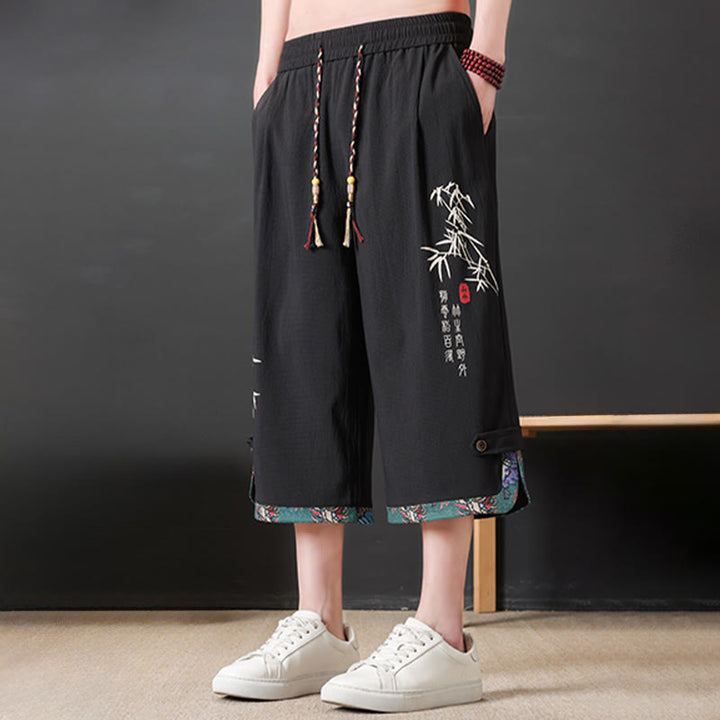 Buddha Stones Summer Tang Style Casual Drawstring Bamboo Print Half Pants Men's Straight Leg Pants With Pocket - image 2